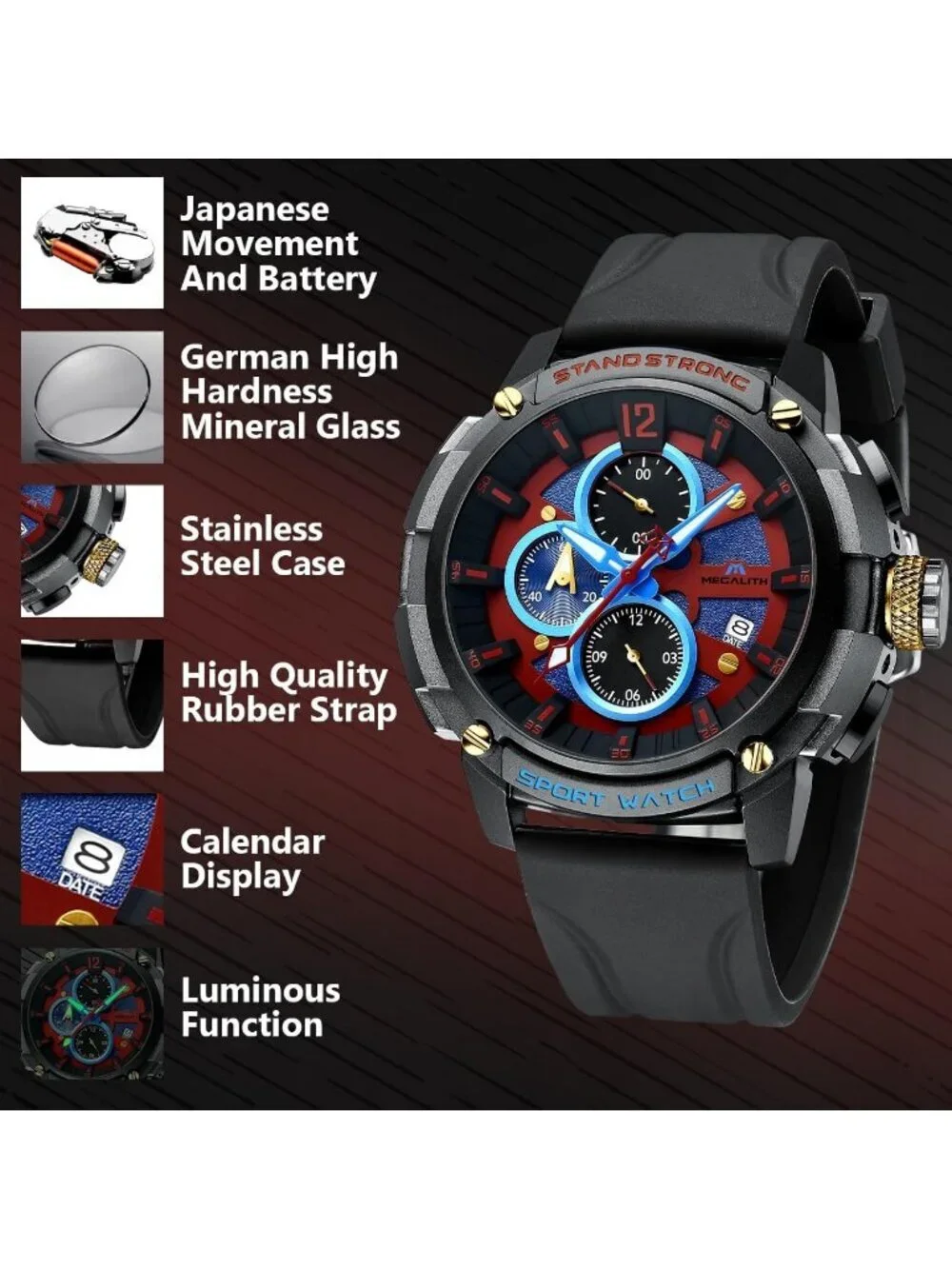 Men's Red Analog Quartz Heavy Duty Waterproof Chronograph Luminous Wrist Watch